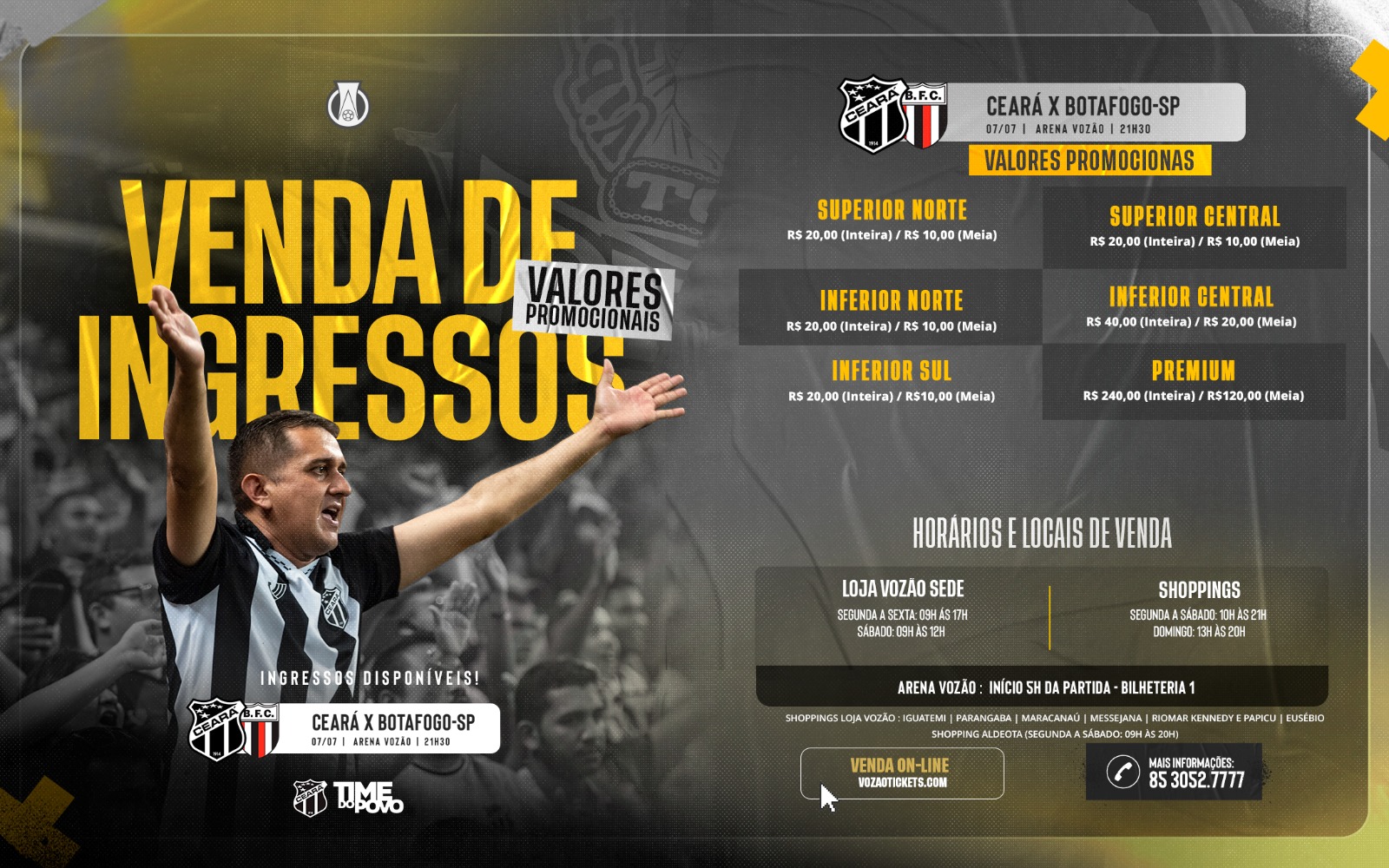 Ceará libera check-ins e venda de ingressos para o jogo contra o Botafogo/SP